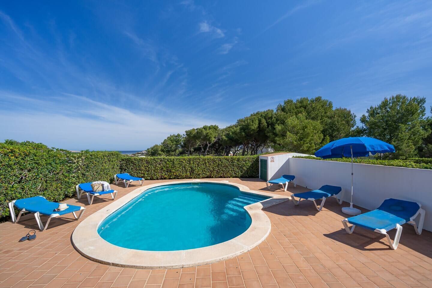 Ein Swimmingpool mit blauen Liegestühlen und Sonnenschirmen, umgeben von einer Hecke und Bäumen.