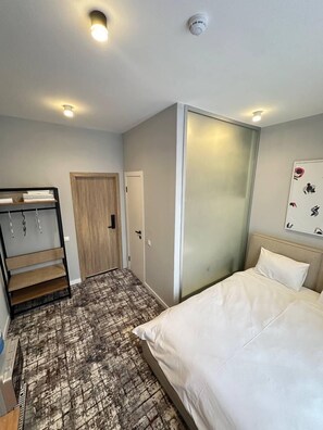 A hotel room with a bed, a wardrobe, a door, and a wall-mounted artwork.