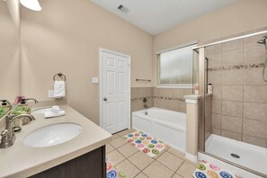 Hair dryer, bidet, towels, soap