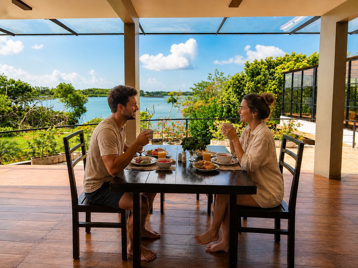 Una pareja cenando en una mesa con vistas panorámicas a un lago y follaje.