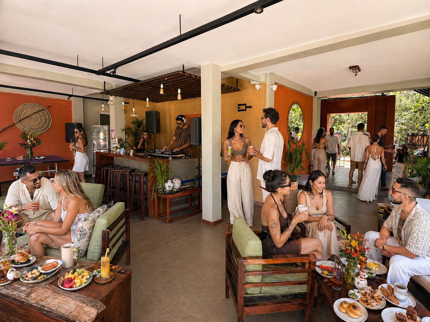 A spacious indoor area with seating arrangements, a DJ booth, and a bar area.