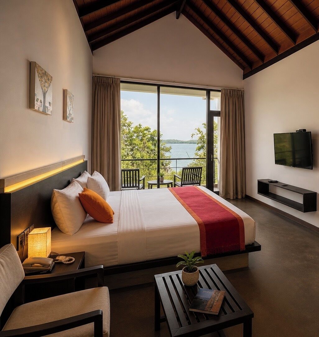 Ein Hotelzimmer mit Bett, Fernseher, Balkon mit Blick auf das Wasser und einem kleinen Tisch mit Pflanze.