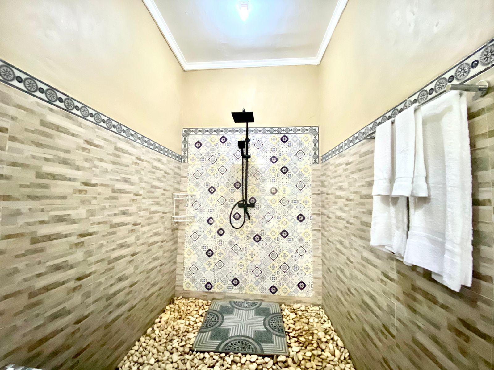 A small, tiled shower area with a showerhead, a towel rack, and a decorative tile border.