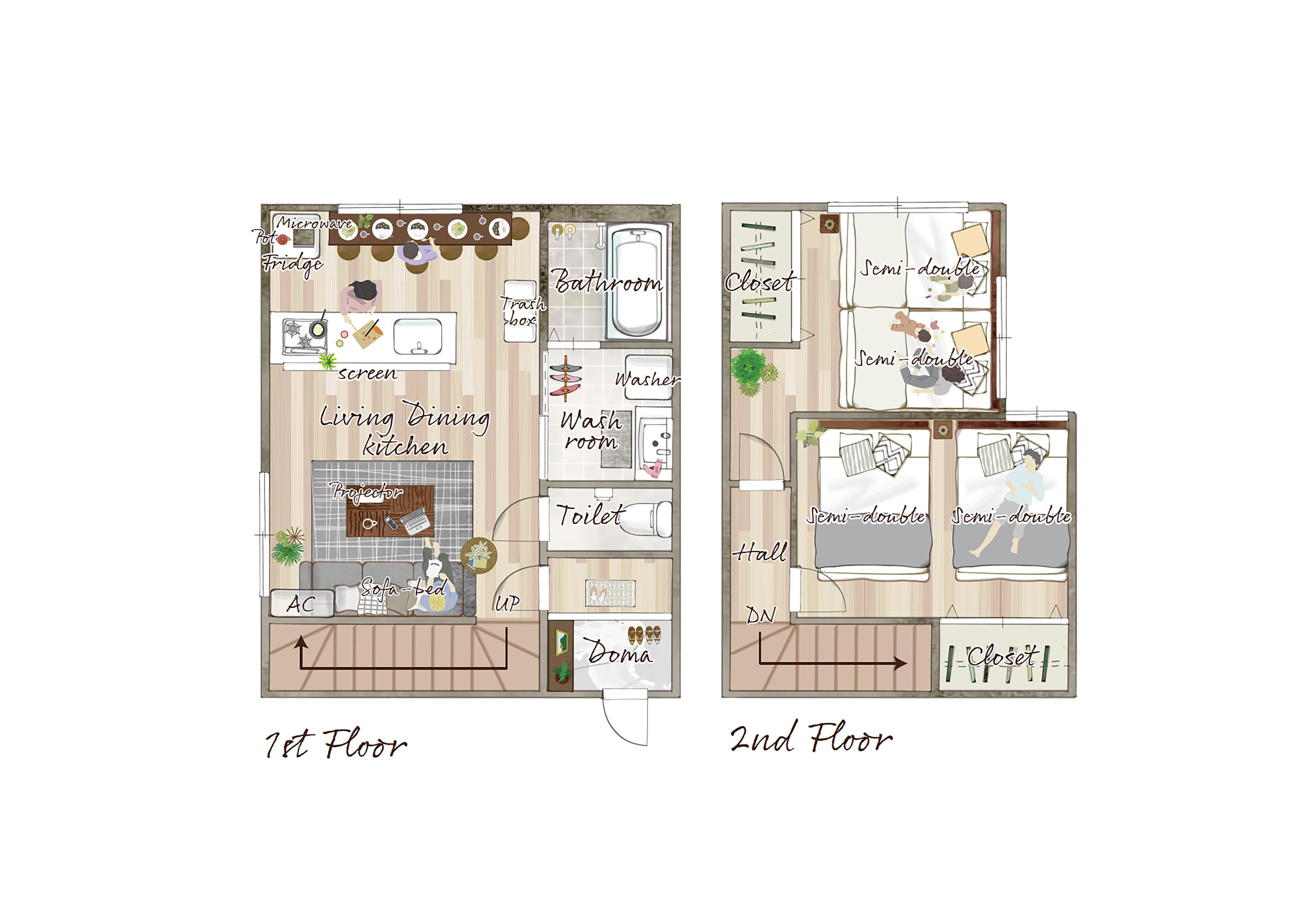 A 1st floor layout with a kitchen, dining area, and a sofa-bed. The 2nd floor layout includes a bathroom, closet, and a semi-double room.