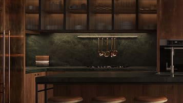 Fridge, dishwasher, cookware/dishes/utensils, dining tables