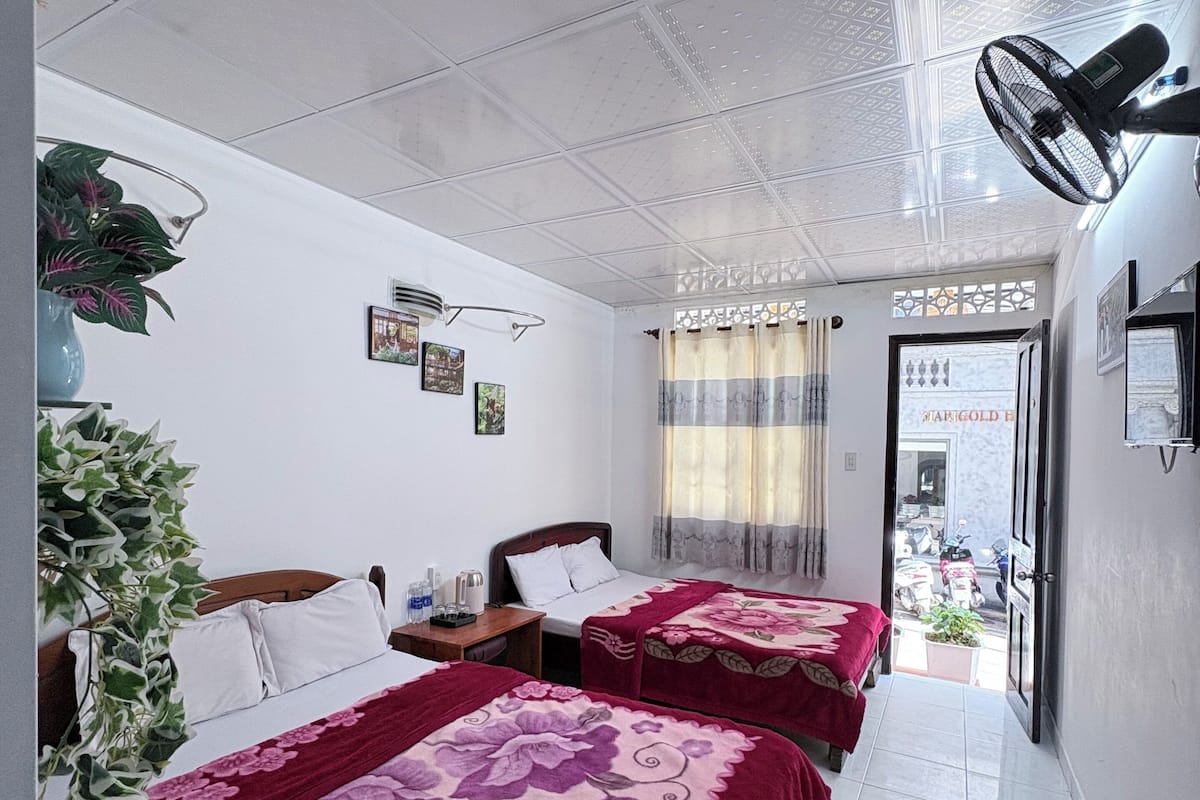 A hotel room with two beds, a ceiling fan, a potted plant, and a view of the street through an open door.