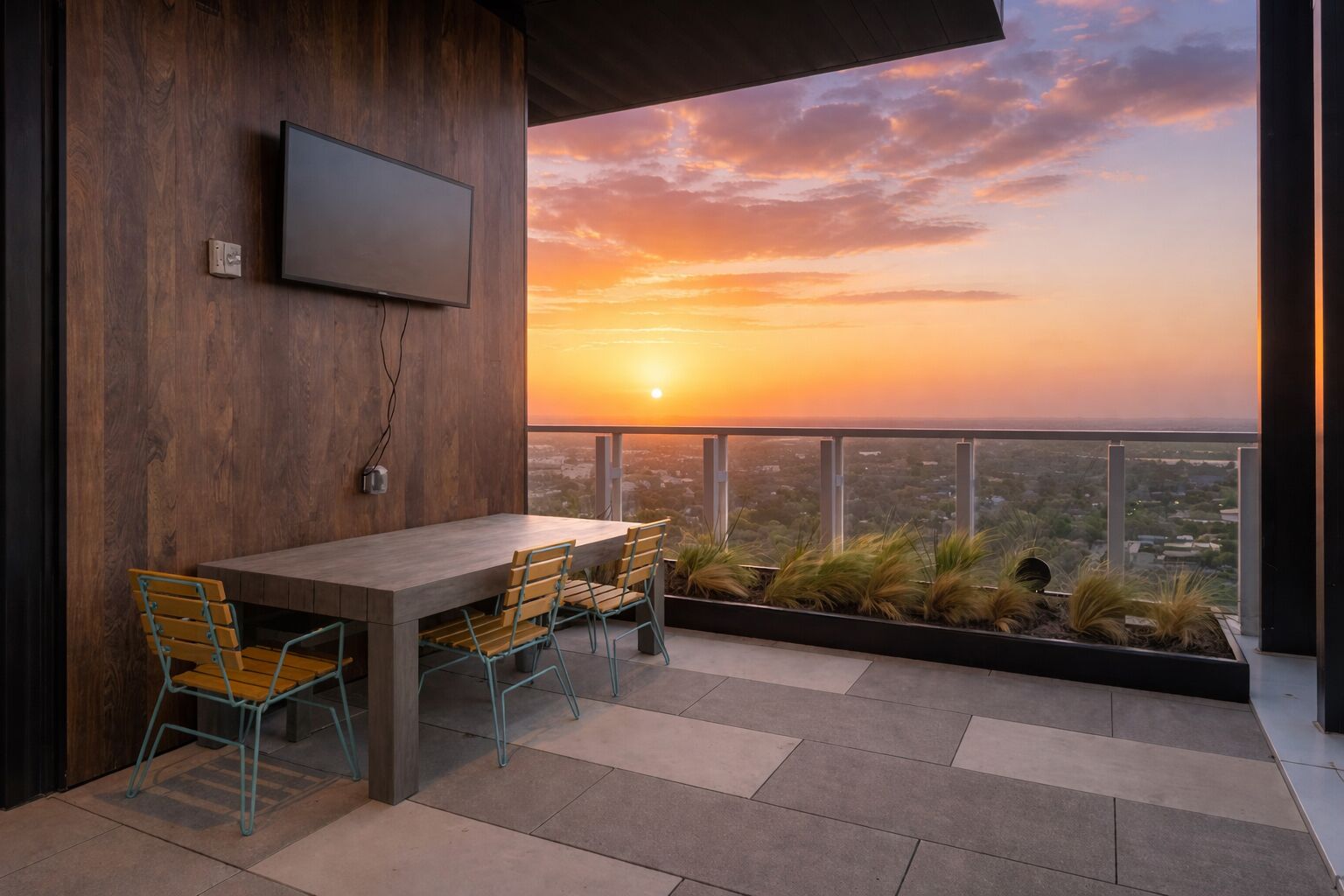 Ein moderner Außenbereich zum Essen mit Holztisch und -stühlen, einem an der Wand befestigten Flachbildfernseher und Blick auf den Sonnenuntergang über einer Stadtlandschaft.
