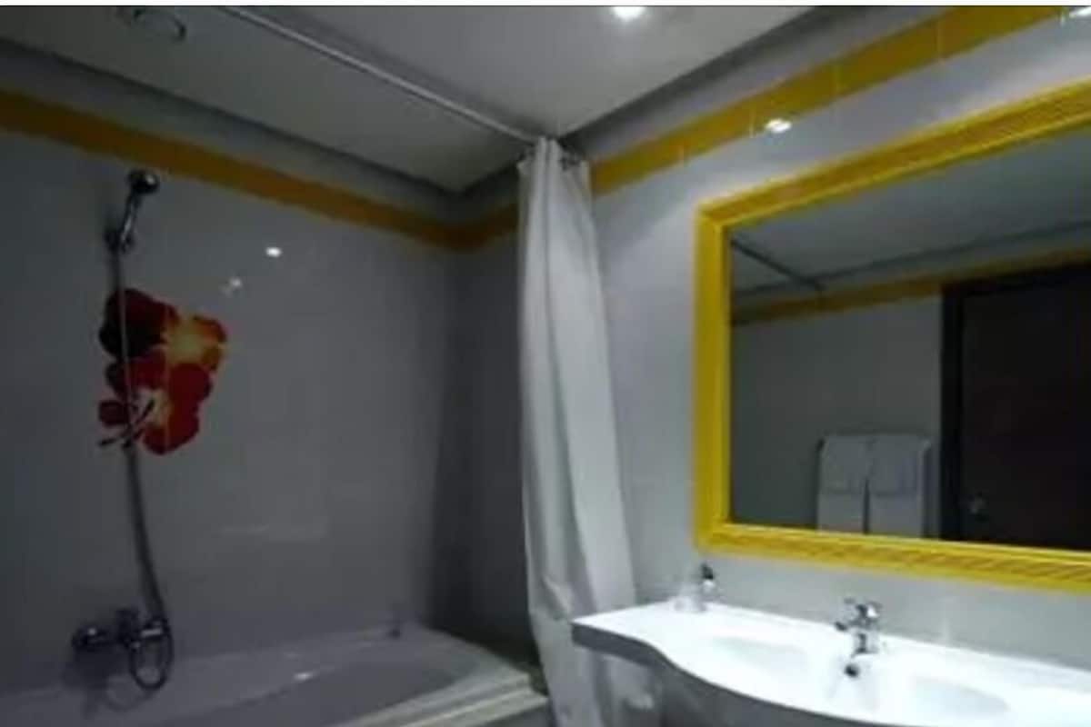 Une salle de bain avec une baignoire, une douche, un lavabo et un miroir.