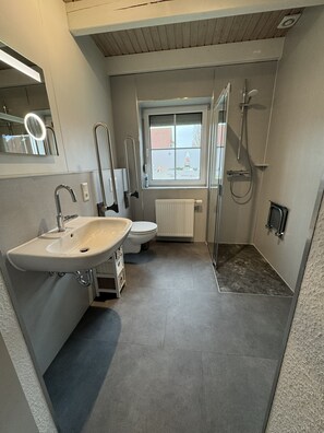 Dusche, Haartrockner, Seife, Toilettenpapier