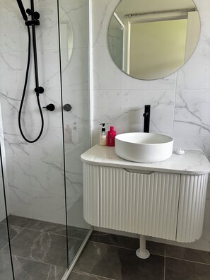 Hair dryer, towels, soap, toilet paper
