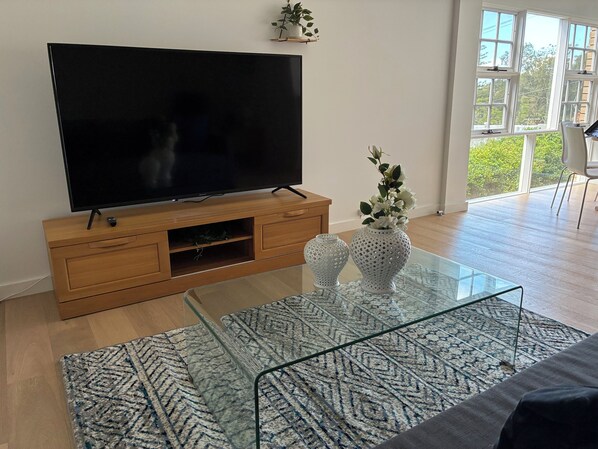 A modern living room with a flat-screen TV, wooden cabinet, glass coffee table, patterned rug, and a view through large windows.