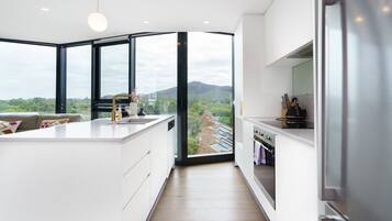 Fridge, microwave, oven, stovetop