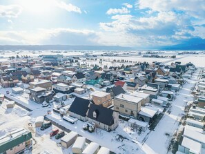 An aerial view of a residential area with houses, roads, and a distant mountain range.