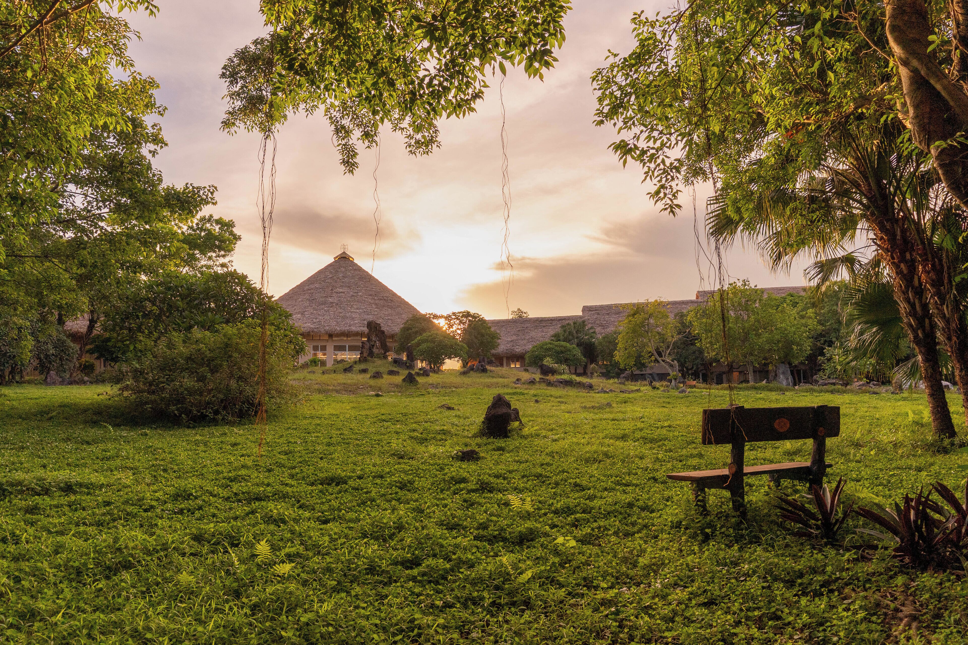 A grassy field with a wooden bench, trees, and a building with a thatched roof.