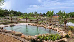 A serene pond surrounded by rocks and palm trees, with a pathway leading to a row of houses in the background. - Cuc Phuong Tropical Retreat (Phu Long)
