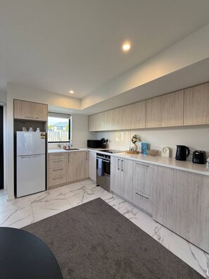 Fridge, microwave, stovetop, dishwasher - Modern 2-Bedroom Home with Backyard in Edgeware (Christchurch)