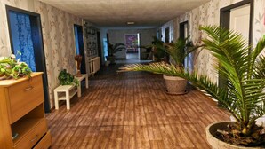 Corredor com piso de madeira, plantas em vasos e radiador.