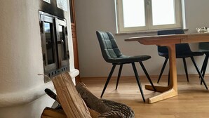 Ruokailutila, jossa on puinen pöytä ja tuolit, takka sekä ikkuna, josta tulee luonnonvaloa.