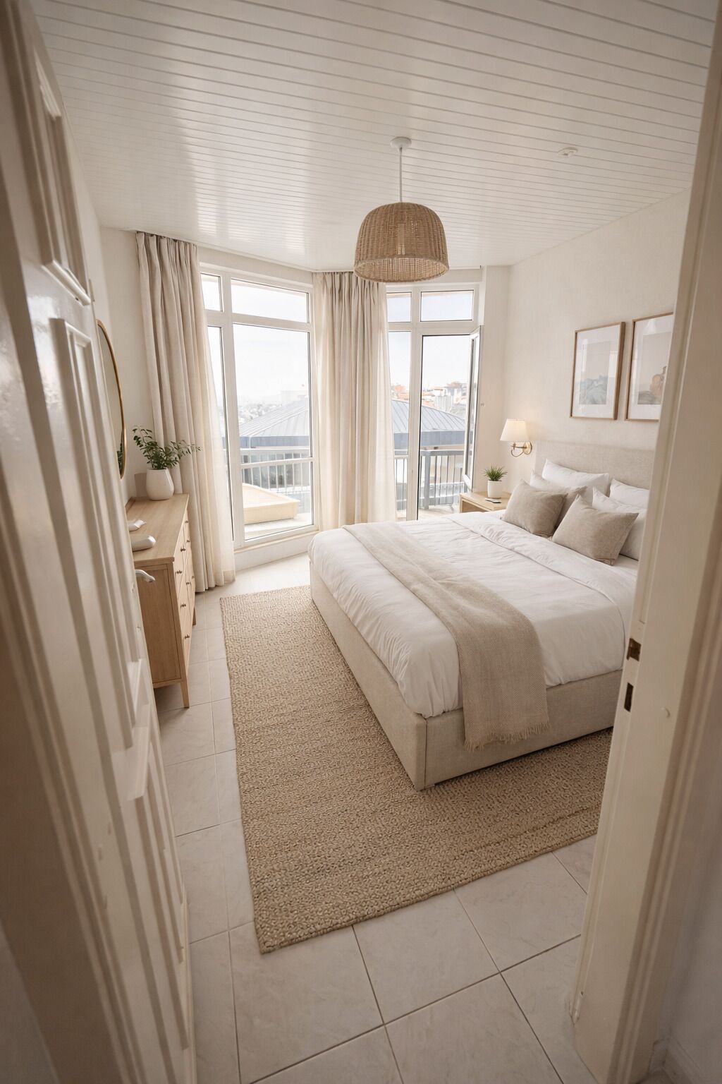 Ein Schlafzimmer mit einem großen Bett, einem Nachttisch, einer Lampe, einer Pendelleuchte und Blick durch ein Fenster.