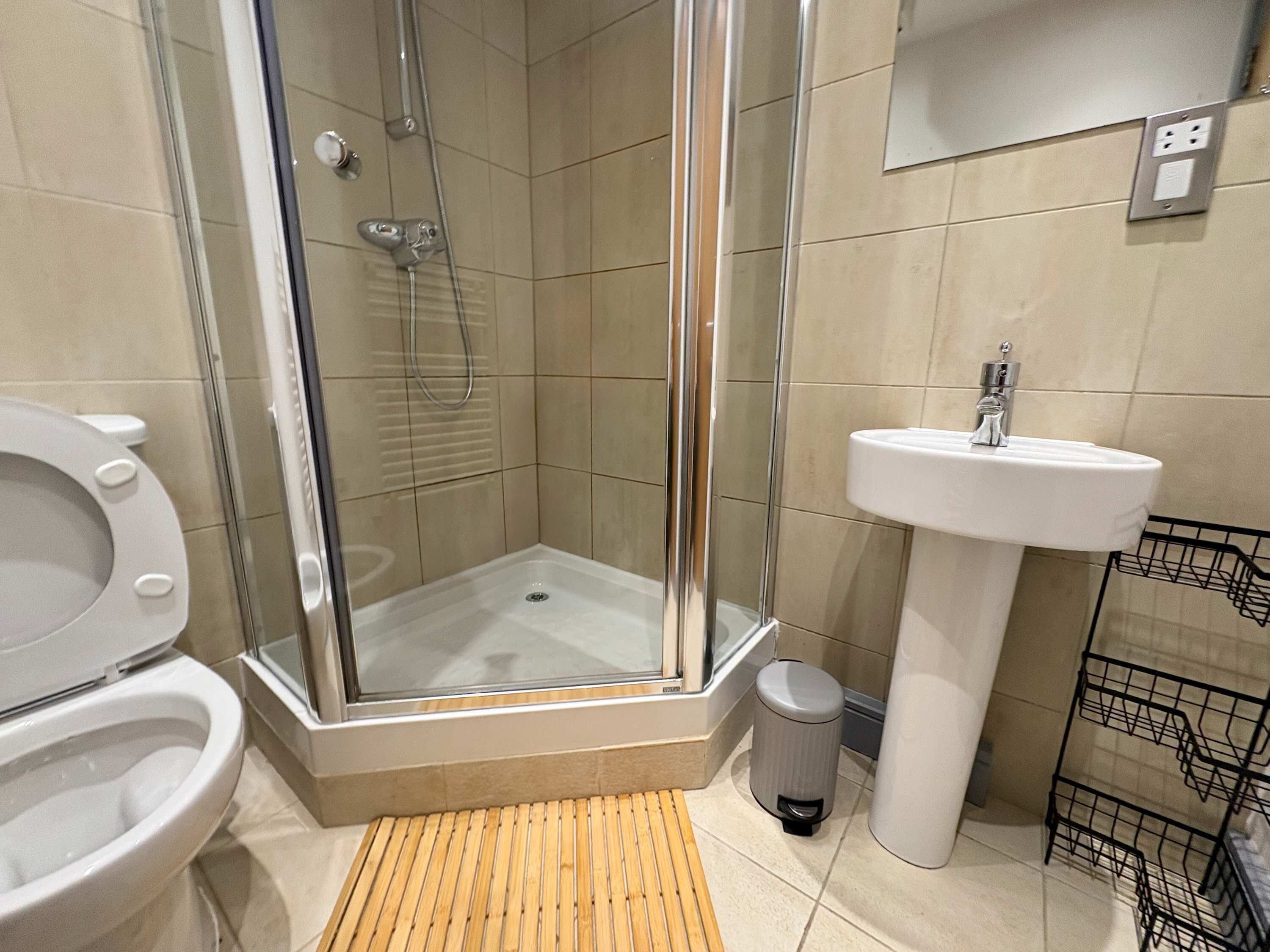 Shower, hair dryer, towels