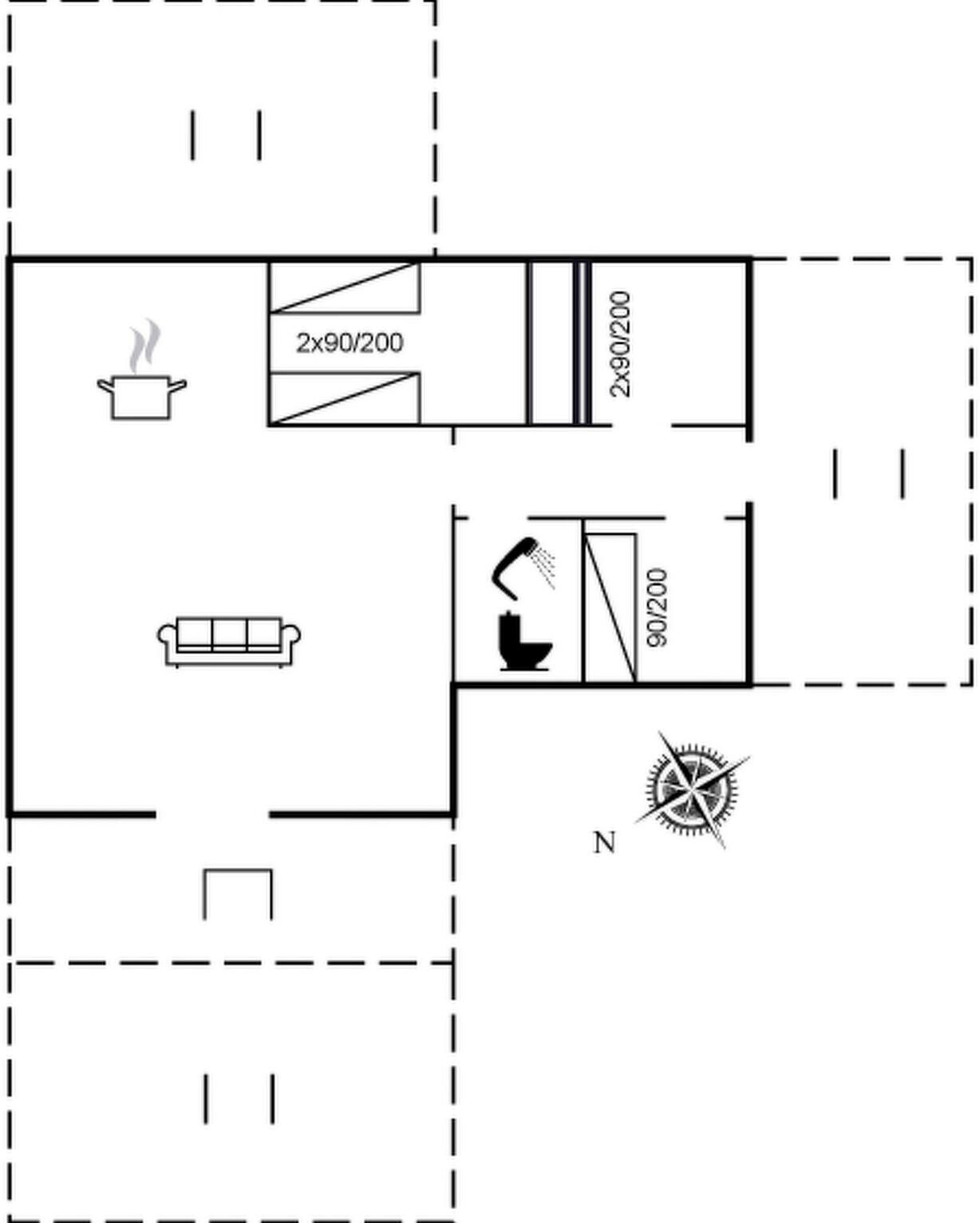 A floor plan with a kitchen, a bathroom, and a living area.