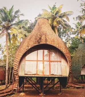 Une hutte au toit de chaume, dotée d’une grande fenêtre soutenue par des pieds en métal, et entourée de palmiers.