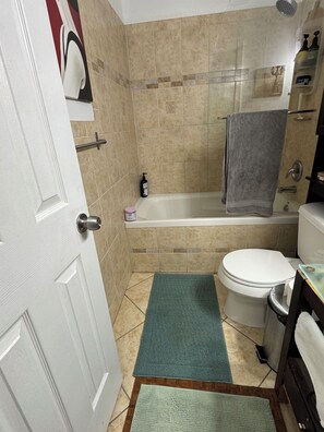 Hair dryer, towels, soap, toilet paper