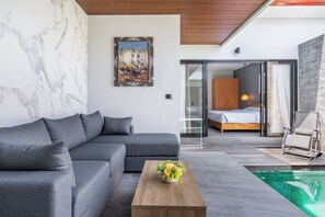 Villa, 2 chambres, piscine privée, vue piscine | Coin séjour