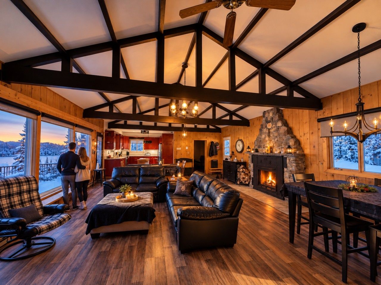A spacious living room with a fireplace, leather sofas, and a dining area.