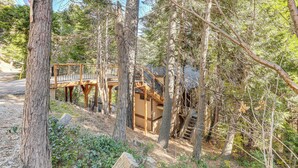 Une cabane en bois entourée de grands arbres, avec une terrasse en bois et un escalier menant à la cabane.