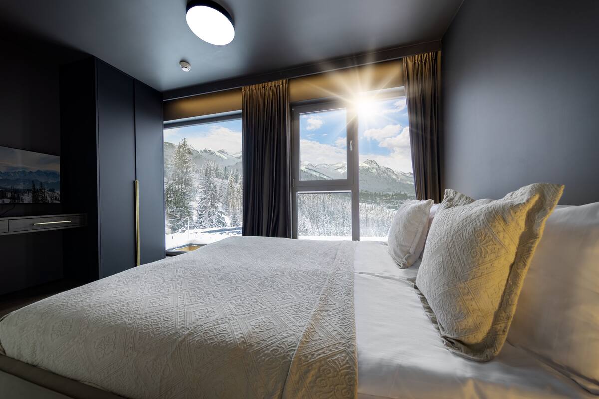 Un dormitorio con una cama grande, un televisor y una ventana con vista a la montaña.