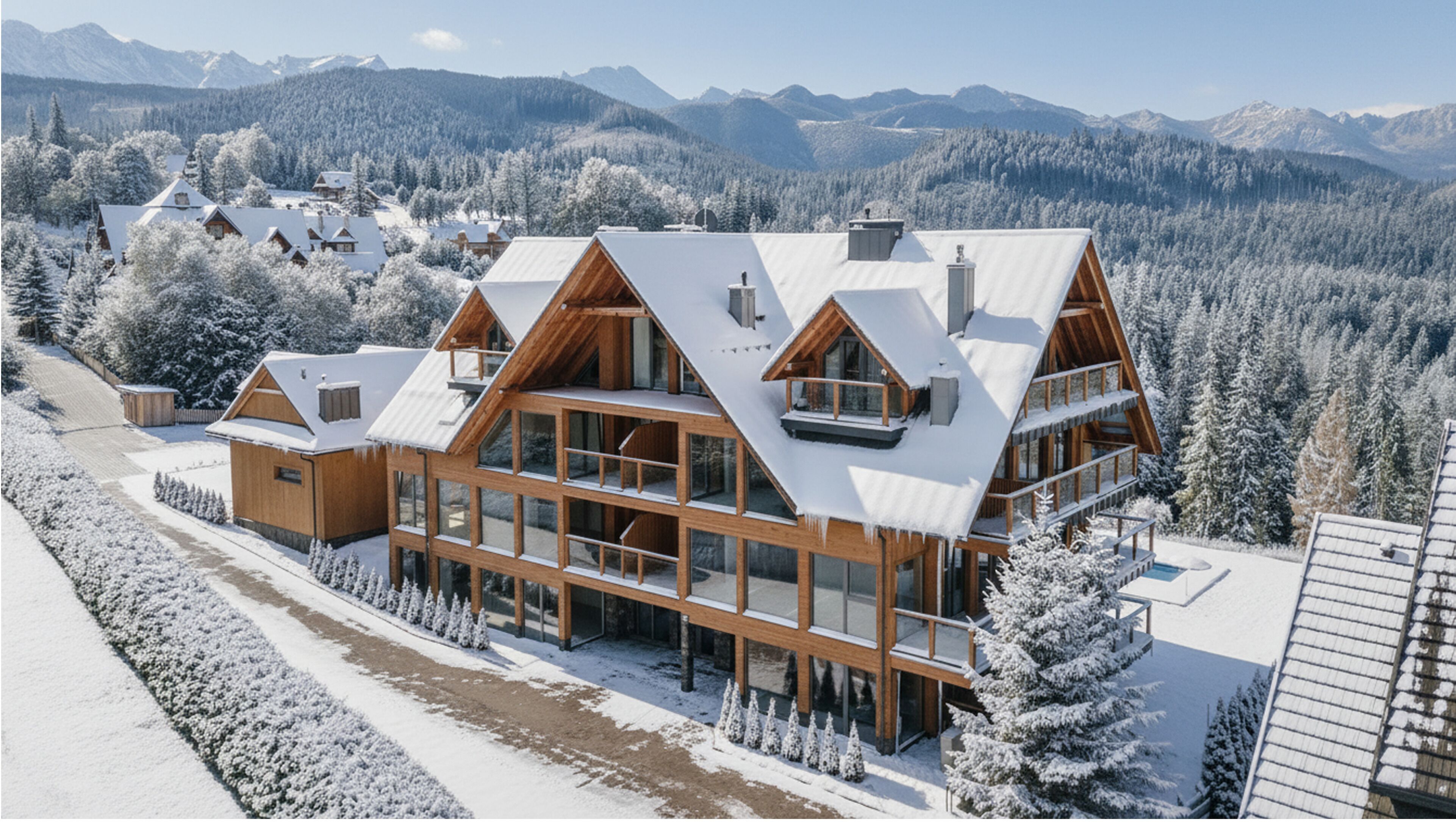 Una cabaña grande de madera con varios balcones y ventanas amplias, rodeada de árboles nevados y montañas.