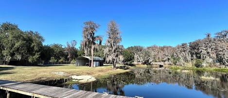 A wooden dock extending over a calm lake, surrounded by trees and a small building.