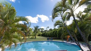 Ein Swimmingpool, umgeben von Palmen und wolkenlosem, blauem Himmel.