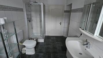 Shower, hair dryer, towels, toilet paper