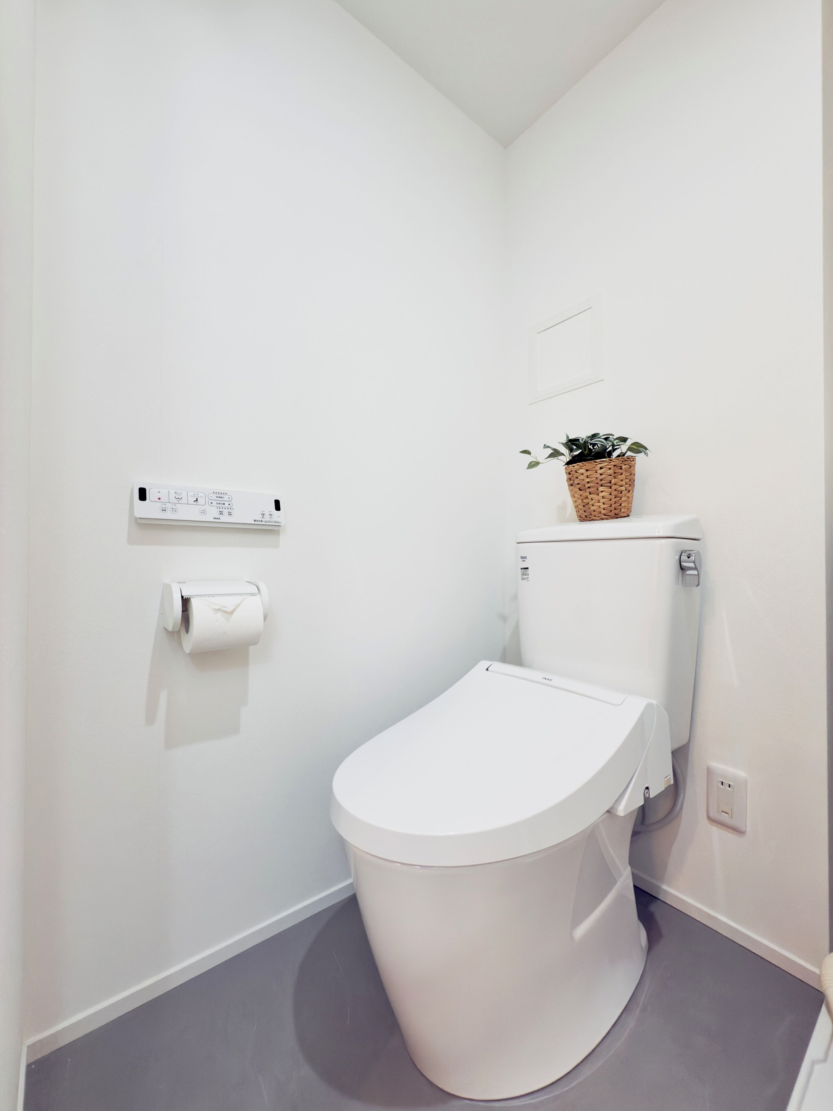 Un baño pequeño y moderno con inodoro blanco, pared blanca, suelo blanco, techo blanco, tanque de descarga empotrado blanco, dispensador de papel higiénico blanco y una pequeña planta en el tanque del inodoro.