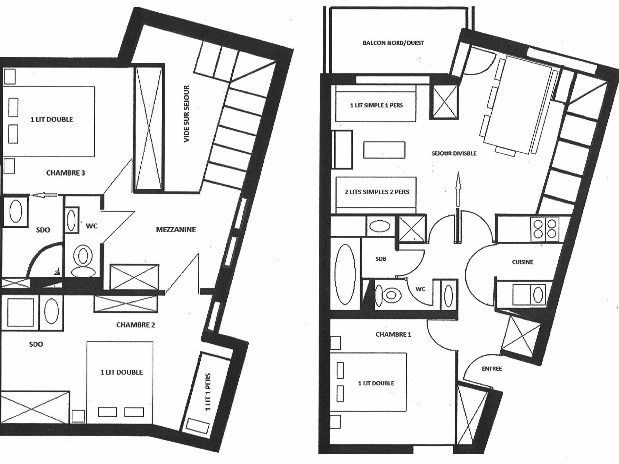 Un plan d’étage d’un hôtel comprenant deux ailes principales, chacune offrant plusieurs chambres, une cuisine et une salle de bain.