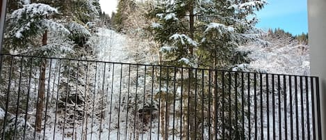 Un balcone con ringhiera in metallo affacciato su una foresta innevata.