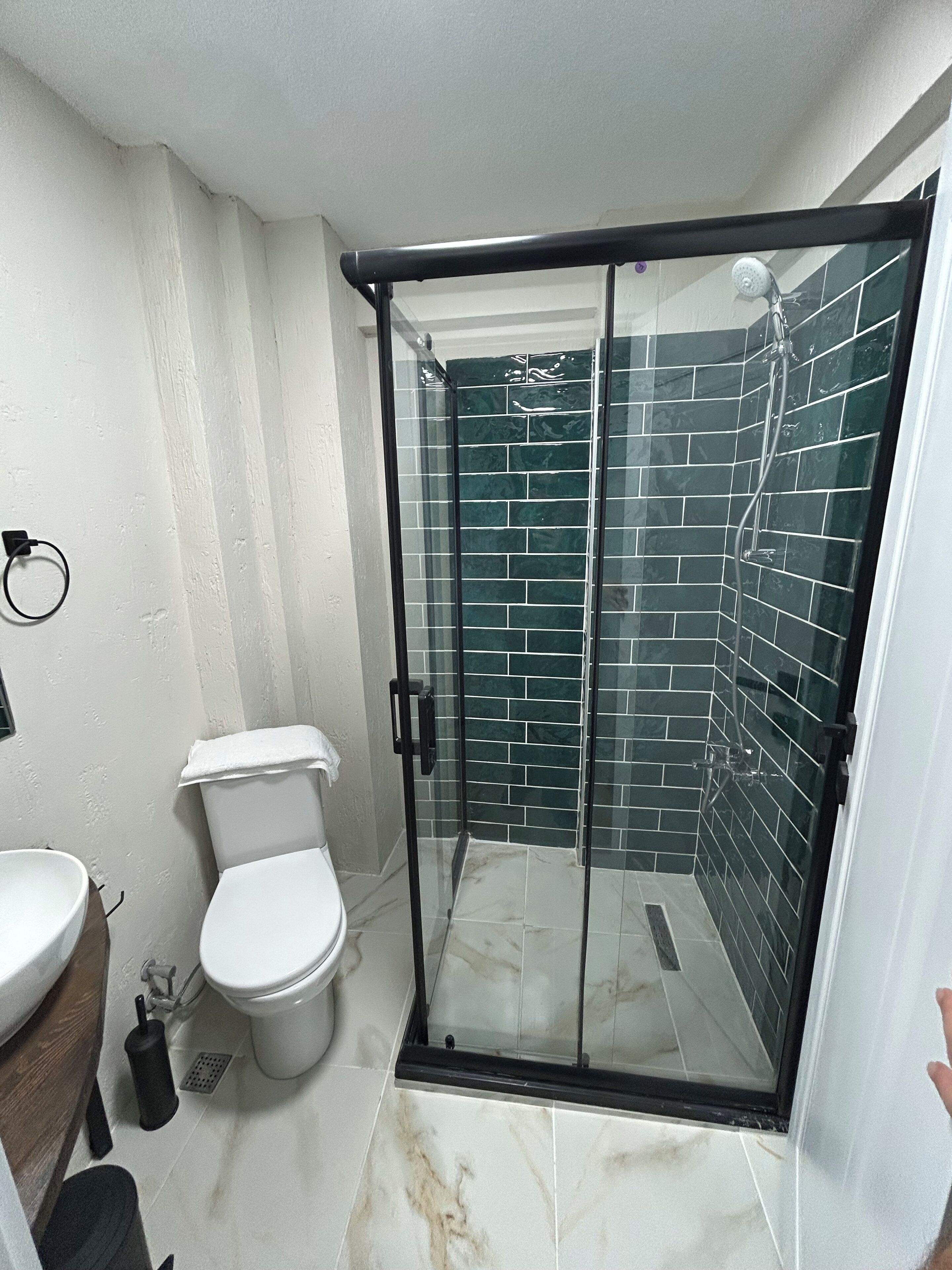 Deluxe Studio | Bathroom | Shower, hair dryer, towels, soap
