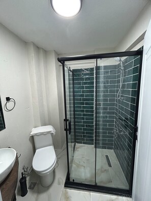 Ducha, secador de pelo, toallas, jabón