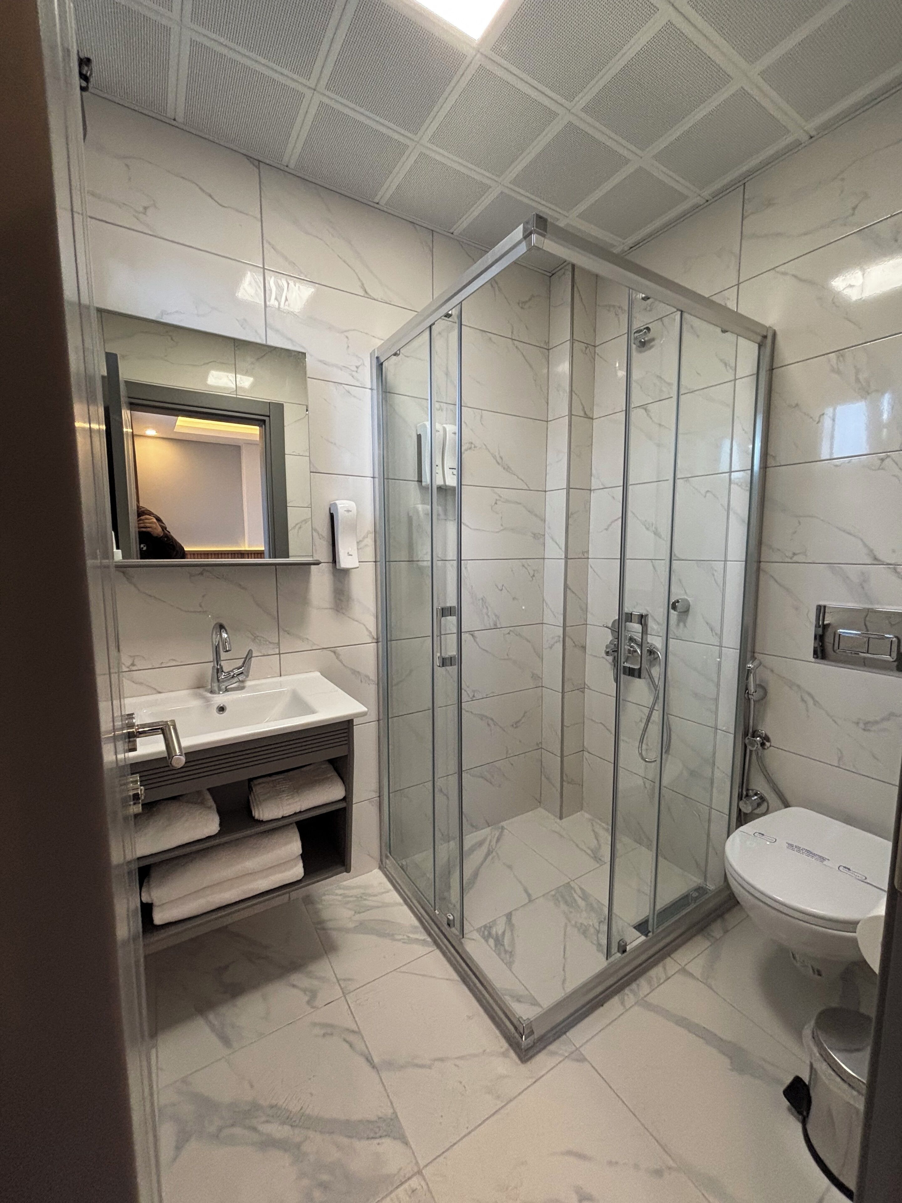 A modern bathroom with a glass-enclosed shower, a sink with a mirror, and a toilet.