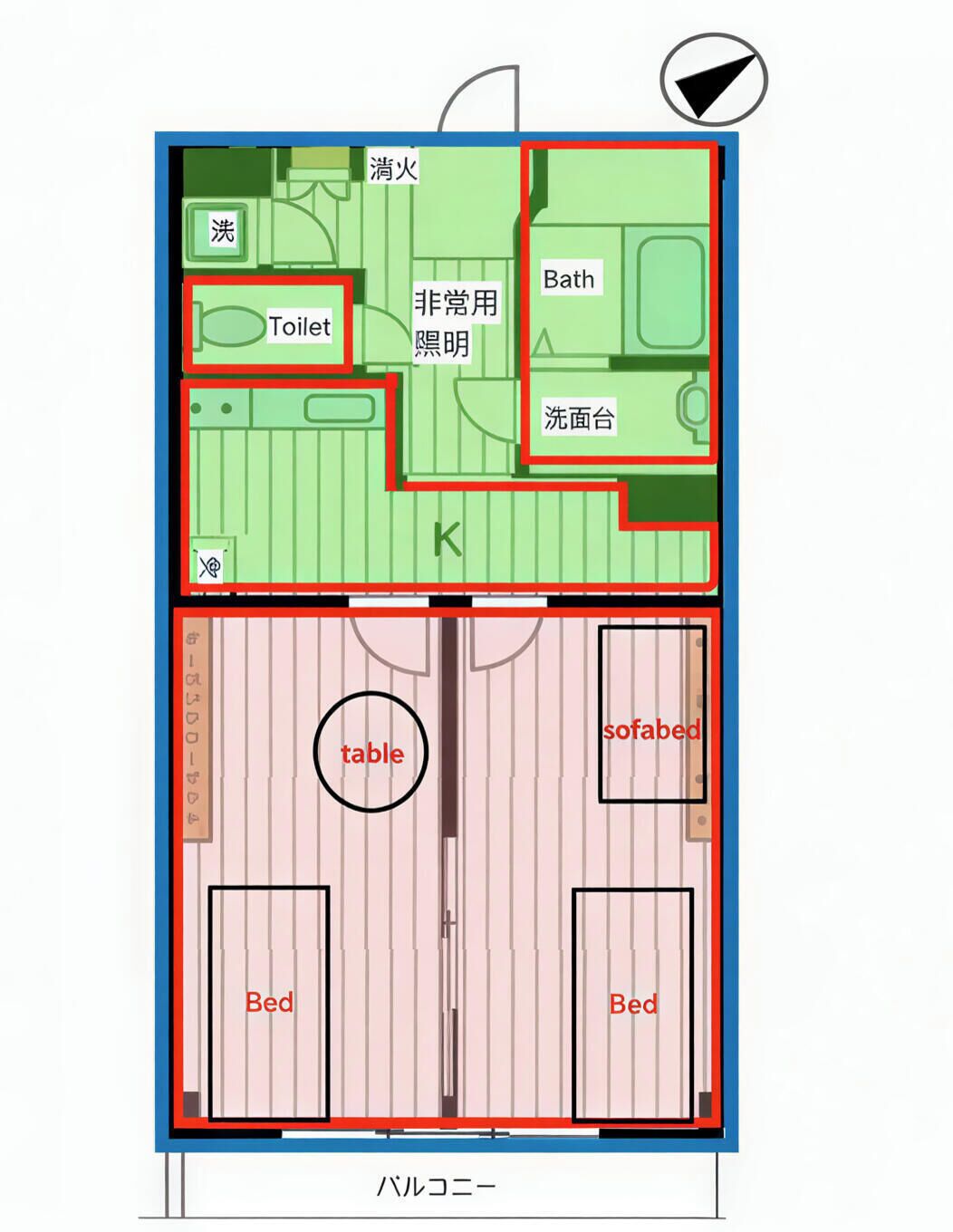 A hotel room layout with a toilet, bath, table, sofa, and beds.
