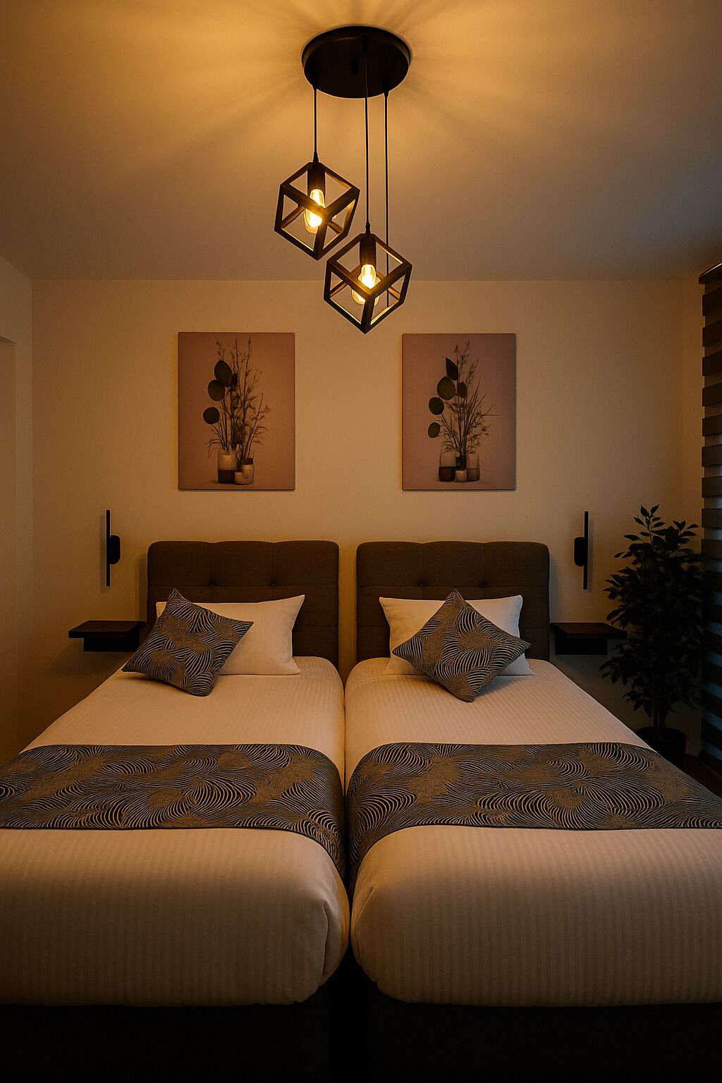 Une chambre avec un lit double, deux tables de chevet, un luminaire suspendu et deux tableaux accrochés au mur.