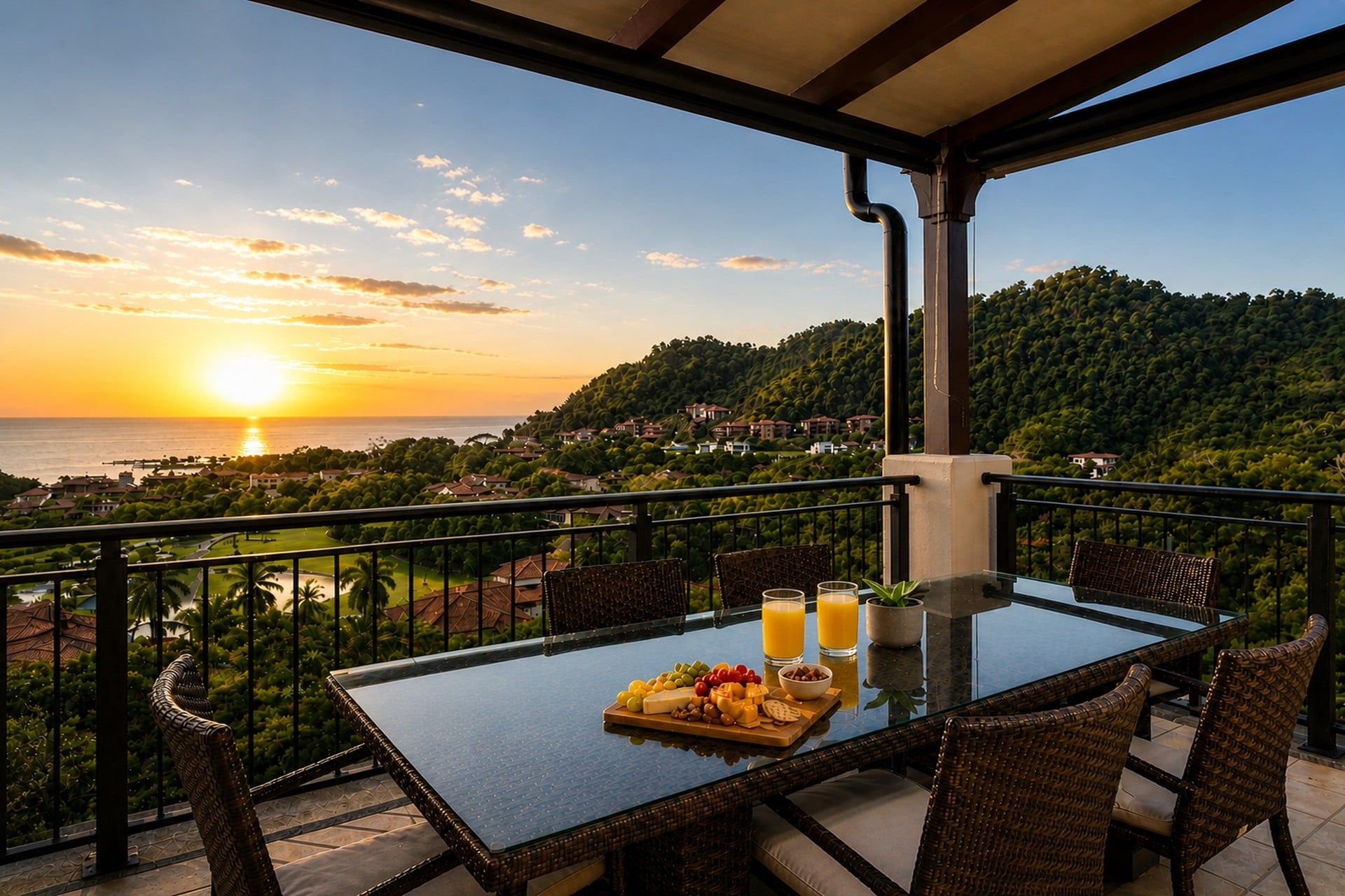 A balcony with a glass table, wicker chairs, and a view of the sunset over the sea.