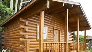 Une cabane en rondins avec une véranda et des plantes en pot.