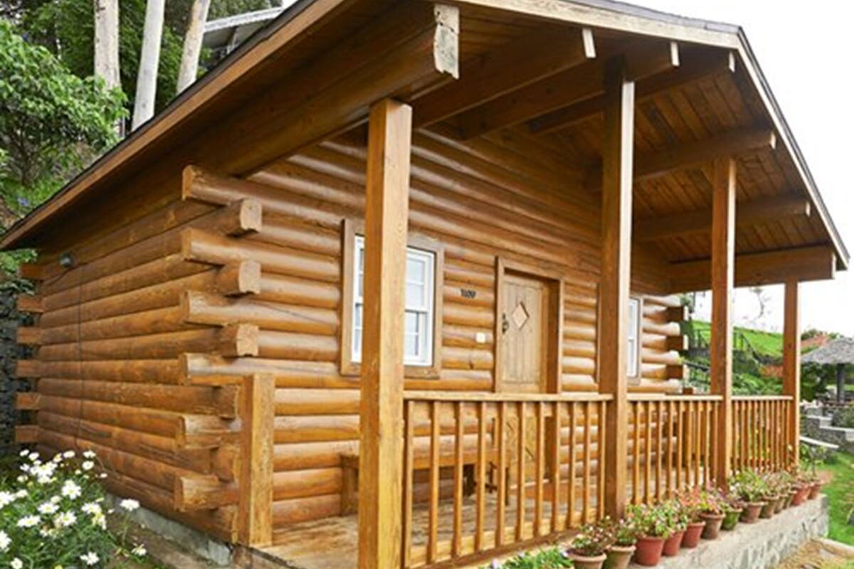 A log cabin with a porch and potted plants.