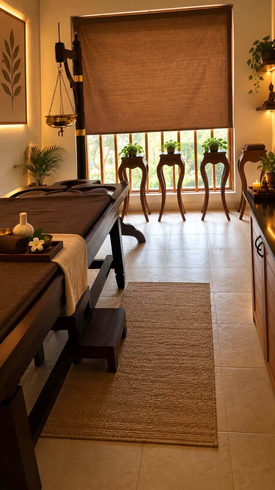 Ein Spa-Raum mit Massagetisch, Holzbänken, Massagesessel, großem Fenster mit Pflanzen und einer Waage.