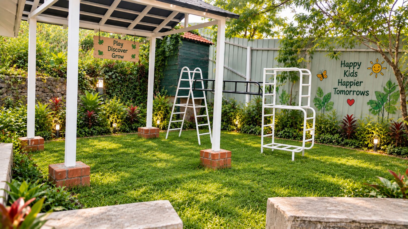 Ein Garten mit Spielgerät, einer Pergola und einer Wand mit motivierenden Texten.