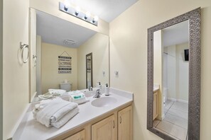 A bathroom with a white sink, a mirror, and a towel rack. - Seaside Serenity/Corner Unit/Best Gulf View (Panama City Beach)