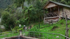 Eine rustikale Holzhütte mit Balkon, umgeben von üppigem Grün und einem kleinen Teich.